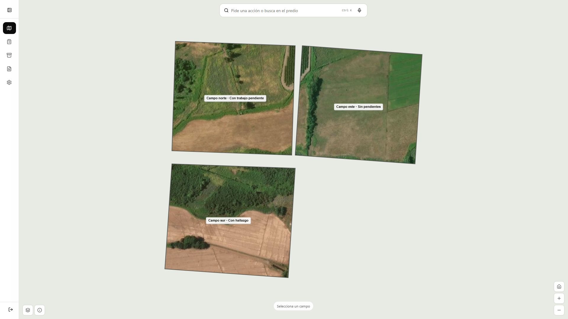 Field Operations map showing agricultural fields, pending work, and a recorded finding
